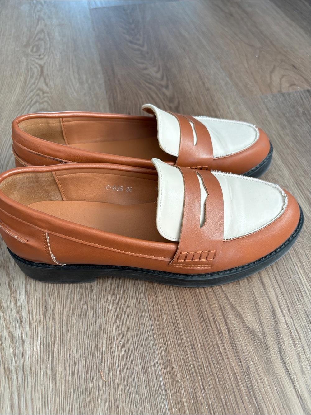 Two-Tone Tan and Cream Penny Loafers - Picture 3 of 6